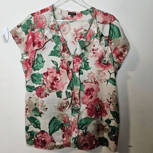 Talbots Cap Sleeve Silky Floral V neck  Blouse with Ruffle Top Womens Red/Green/